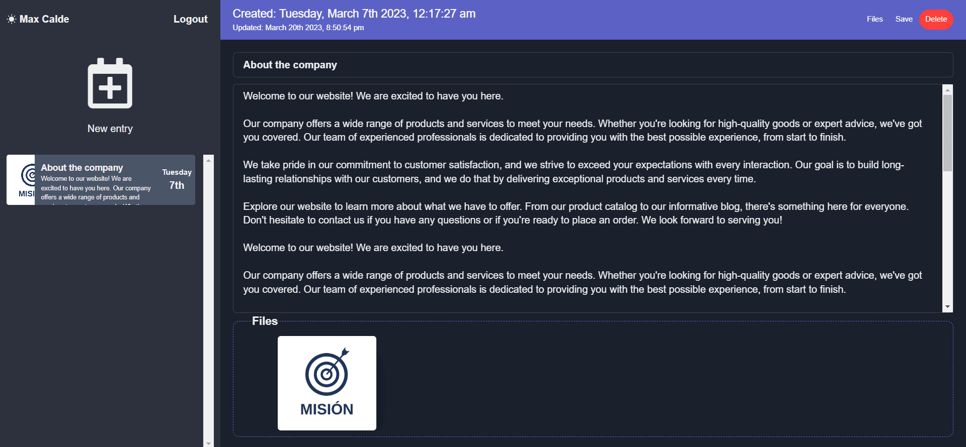 screenshot from Diarymate web